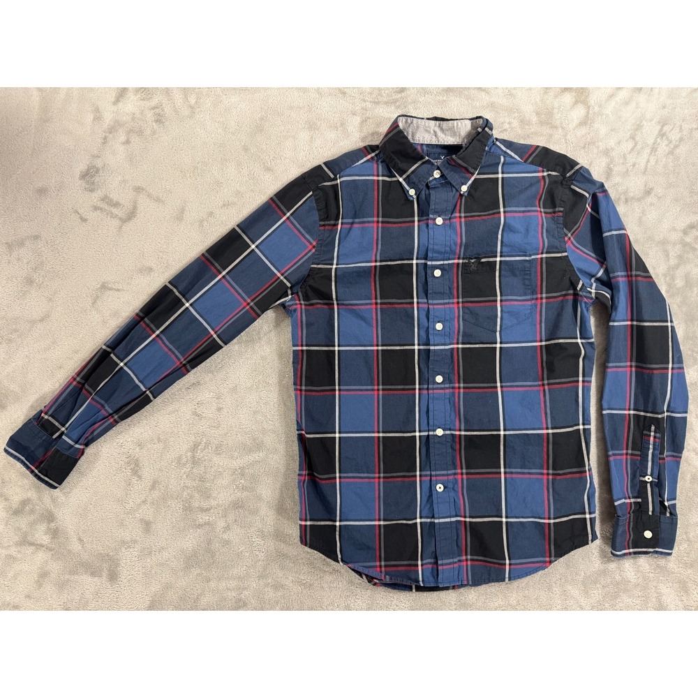American Eagle Button Down Shirt Mens S Blue Red Plaid Windowpane Chest Pocket‎
